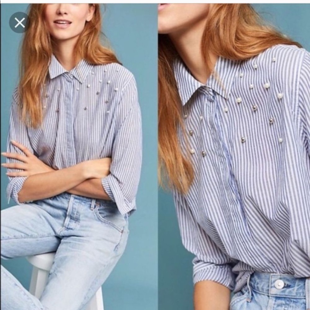 Rails banker stripe beaded pearl top shirt blouse